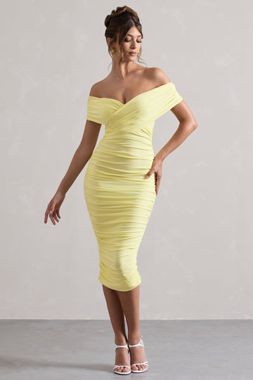 Unwrapped Lemon Ruched Twist Bardot Midi Dress
